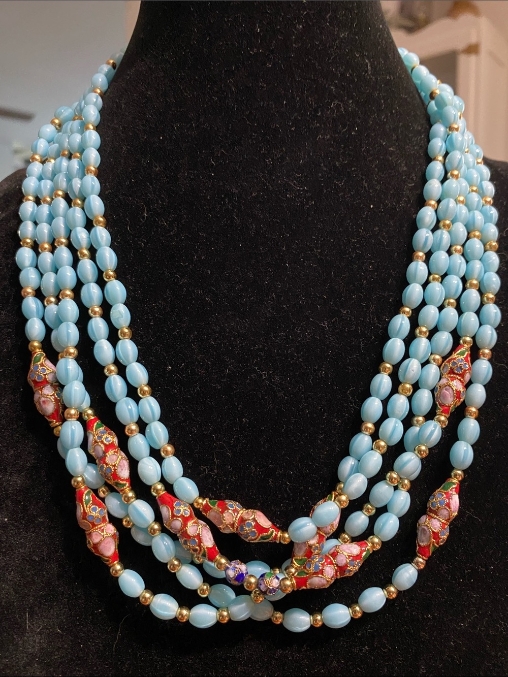 VTG Multi-Strand Light Blue Beaded Necklace with Cloisonné Accents